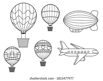 Un divertido juego de transporte aéreo para niños de colores. Globo de aire caliente, nave aérea, avión y caricatura paracaidista ilustración vectorial en blanco y negro aislada en fondo blanco