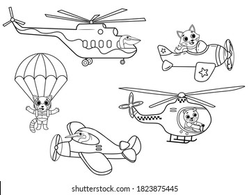 Funny coloring kids air transport set with little animals. Helicopters, biplane, parachutist cartoon  black and white vector illustration isolated on white background