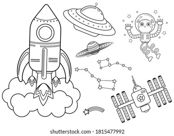 Funny coloring kids space transport set. Spaceship, UFO, space station and space robot cartoon black and white vector illustration isolated on white background