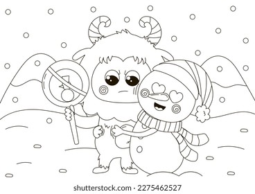 Funny coloring page with cute angry Yeti character holding sign and snowman hugging him,