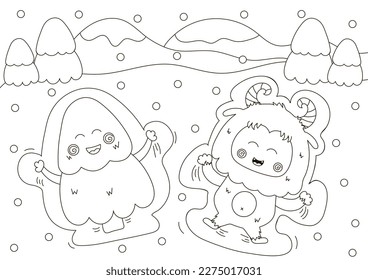 Graciosa página de color con lindos personajes del árbol de Yeti y navidad haciendo ángeles de nieve