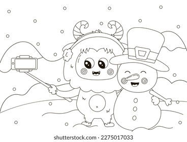 Funny coloring page with cute Yeti character with selfie stick making photo with snowman