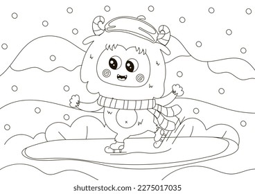 Divertida página de colores con el lindo personaje de Yeti patinando sobre hielo