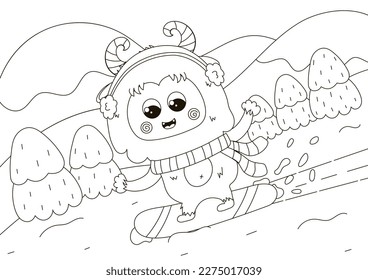 Funny coloring page with cute Yeti character snowboarding