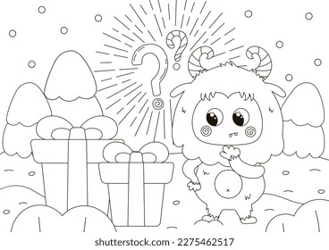 Funny coloring page with cute Yeti character confused what is inside giftbox, mystery box