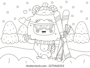 Funny coloring page with cute Yeti character skiing, winter holidays sport activity