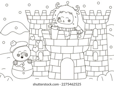 Funny coloring page with cute Yeti character blowing a kiss from snow castle and snowman singing romantic song