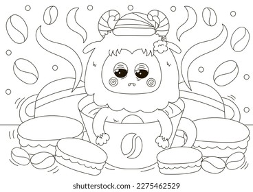 Funny coloring page with cute Yeti character in cup of coffee with macaroons around