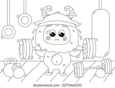 Funny coloring page with cute Yeti character workout in the gym, making exercises with dumbbell