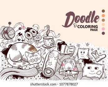 Funny coloring page with swatches of colors. Detailed drawing for adults in doodle style. Vector illustration