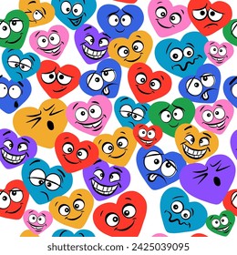 Funny coloring Valentine's cartoon hearts emoji. Valentine's day concept. Vector illustration seamless pattern