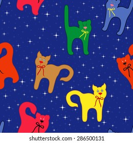 Funny colourful cats over dark blue starry sky, cartoon seamless vector pattern