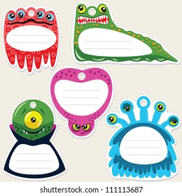 Funny colourful gift tags in the shape of cartoon monsters. Some blank space for your text included.