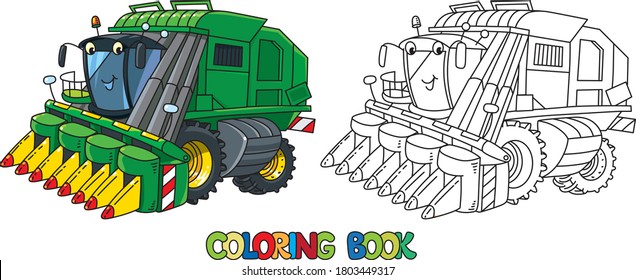 Funny combine harvester with eyes. Coloring book svg