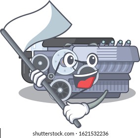 Funny combustion engine cartoon character style holding a standing flag