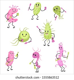 Funny comic book characters probiotics bacteria, microbiological treatment of diseases. Vector illustration. Virus, biology of microorganisms. Infectious diseases.