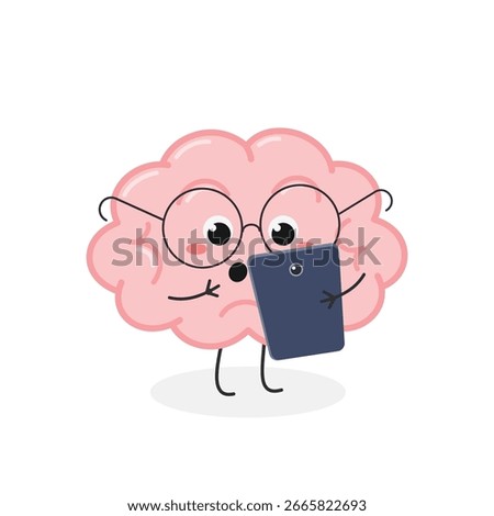 Funny comic brain cartoon character holding tablet or smartphone device with shocked astonished facial expression. Vector flat illustration isolated on white background 