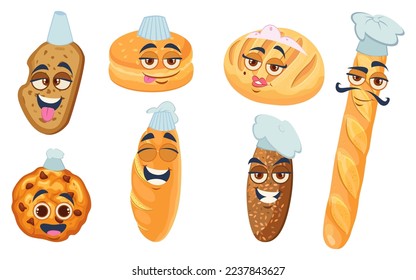 Funny comic bread and cookies vector illustrations set. Collection of cartoon drawings of smiling bun and loaf characters in chef hats isolated on white background. Bakery, food, desserts concept