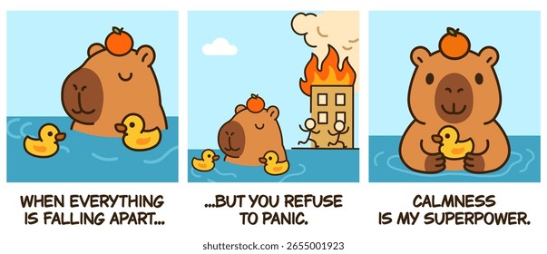 Funny comic "Calmness is my Superpower." A zen capybara stays cool when everything is falling apart, refusing to panic. This humorous take on the "This is Fine" meme is perfect for office humor