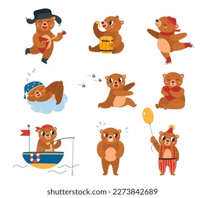 Funny comic cartoon bear. Animals bears poses, funny creature dance, sing and sleep on cloud. Children woodland character, isolated cute classy vector mascot