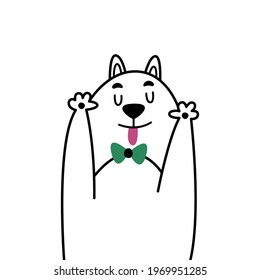Funny comic cartoon illustration with boy cat. Minimalistic linear portrait son of cats. A small child brawls and shows his tongue at camera. Beautiful cute print for clothes, sticker, poster, cover.