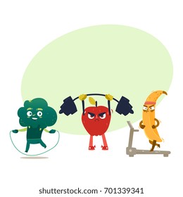 Funny comic, cartoon style fruits and berries doing sport, fitness exercises, set of vector illustrations isolated on white background. Funny fruit and berry characters with human faces doing sport