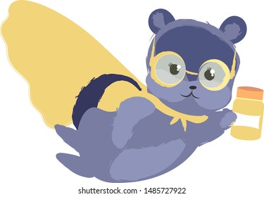 Funny comic cartoon superhero flying for help with bottle of vitamins or honey in hand. Kiddie colorful bright character who looks like bear, bee, badger or recoon. Vector image illustration isolated