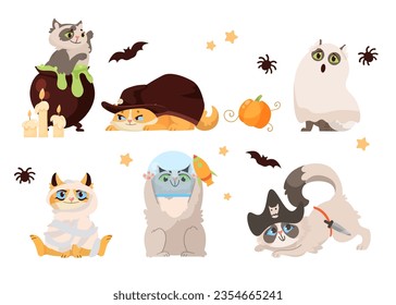 Funny comic cats in Halloween costumes vector illustrations set. Collection of drawings of cute kitten characters dressed as witch, ghost, mummy, alien, pirate. Pets, Halloween, decoration concept