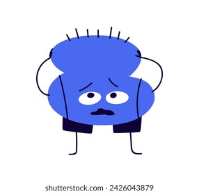 Funny comic character worrying about hair loss problem. Weird humor creature in trouble, grabbing bald head. Upset shocked clipart. Childish flat vector illustration isolated on white background