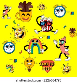 funny comic characters, Contemporary illustration with cute comic book characters. Doodle comic characters pattern