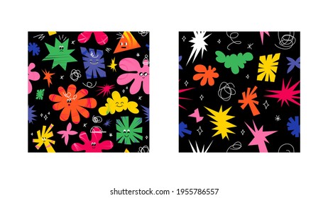 Funny comic characters pattern set. Two seamless vector patterns with abstract shapes. Bright colored repeatable design over black background.