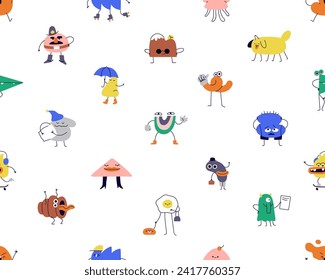 Funny comic characters, seamless pattern design. Cute cartoon fun shapes, endless background, creative humor print, doodle texture for textile, fabric, wrapping. Flat graphic vector illustration