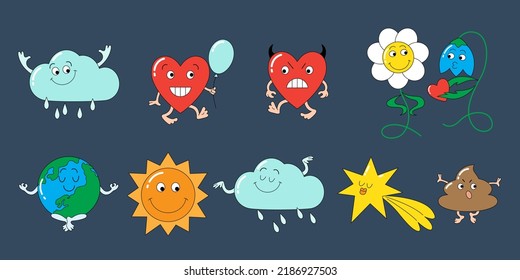 Funny comic characters, a set of stickers. Heart, cloud, planet Earth, sun, star, flower in a trendy retro cartoon style. Vector.