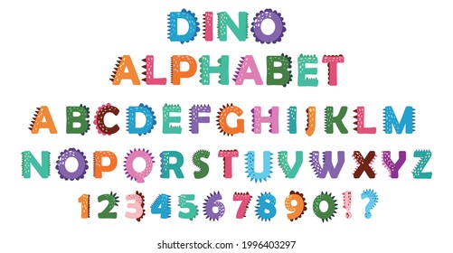 funny comic Dino alphabet and numbers in cartoon style. Bright modern illustration for kids, nursery, poster, card, birthday party, packaging paper design