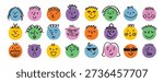 funny comic faces round abstract various emotions set. crayon drawing different colorful characters. cartoon flat design. Vector illustration