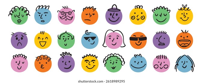 funny comic faces round abstract various emotions set. crayon drawing different colorful characters. cartoon flat design. Vector illustration