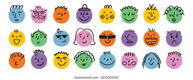 funny comic faces round abstract various emotions set. crayon drawing different colorful characters. cartoon flat design. Vector illustration
