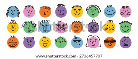 funny comic faces round abstract various emotions set. crayon drawing different colorful characters. cartoon flat design. Vector illustration