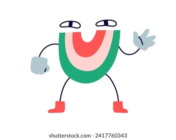 Funny comic fiction character. Cute happy smiling rainbow, greeting, waving with hand. Creative whimsical amusing creature. Kids flat graphic cartoon vector illustration isolated on white background