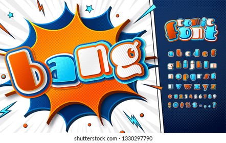 Funny comic font, kid's alphabet in style of pop art. Multilayer blue-orange letters on comics book page, speech bubble, burst for decoration of children's illustrations, posters, banners