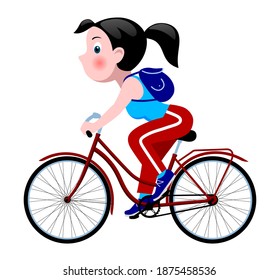 Una graciosa chica cómica monta una bicicleta de damas rojas aislada en blanco. Dibujo de estilo plano. Ilustración del vector