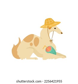 Funny comic greyhound dog in hat vector illustration. Portrait of cute puppy cartoon character with cocktail isolated on white background. Summer, vacation, pets concept
