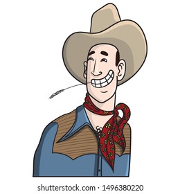 funny comic illustration of a cowboy with a hat and collar, laughing and looking sideways, with a blade of grass in his mouth.