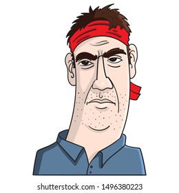 funny comic illustration of a man looking angry and wearing a red headband. rambo, usa, military, vector, character.