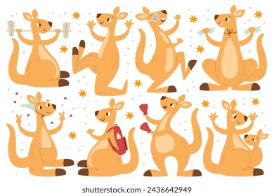 Funny comic kangaroo Australian mammal characters different leisure activates set. Cute happy exotic animal dancing, studying, training with dumbbells, boxing, eating, loving baby vector illustration