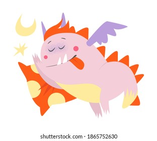 Funny Comic Monster with Wings Sleeping on Pillow Vector Illustration