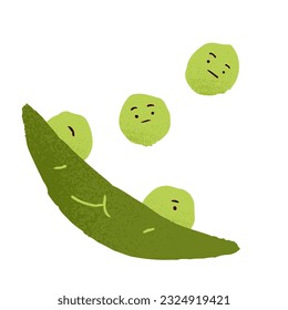 Funny comic peas from open pod. Cute green beans of vegetable. Amusing characters with sad, indifferent, bored, careless faces, emotions. Flat vector illustration isolated on white background