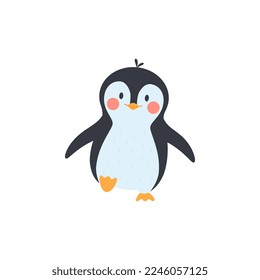 Graciosa historieta pingüino dibujado de forma simple caricatura, ilustración vectorial plana aislada en fondo blanco. Mascota infantil de pingüino para estampados y autoadhesivos.