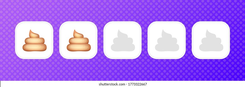 funny comic poop rating icon set isolated on violet horizontal banner background. client feedback system rating with cartoon poops instead of stars.funky Rate us web page design template