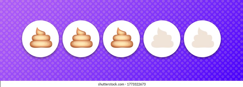 funny comic poop rating icon set isolated on violet horizontal banner background. client feedback system rating with cartoon poops instead of stars.funky Rate us web page design template